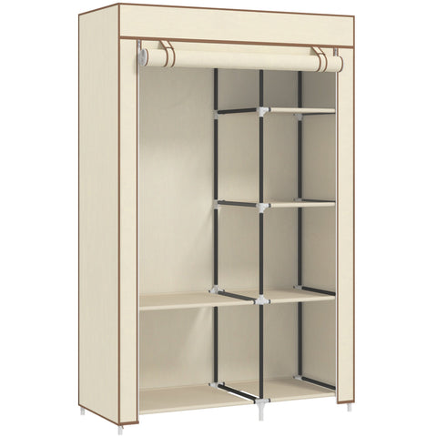 Beige homcom fabric wardrobe with roll-up top, hanging rail, and powder coated steel black frame for easy storage