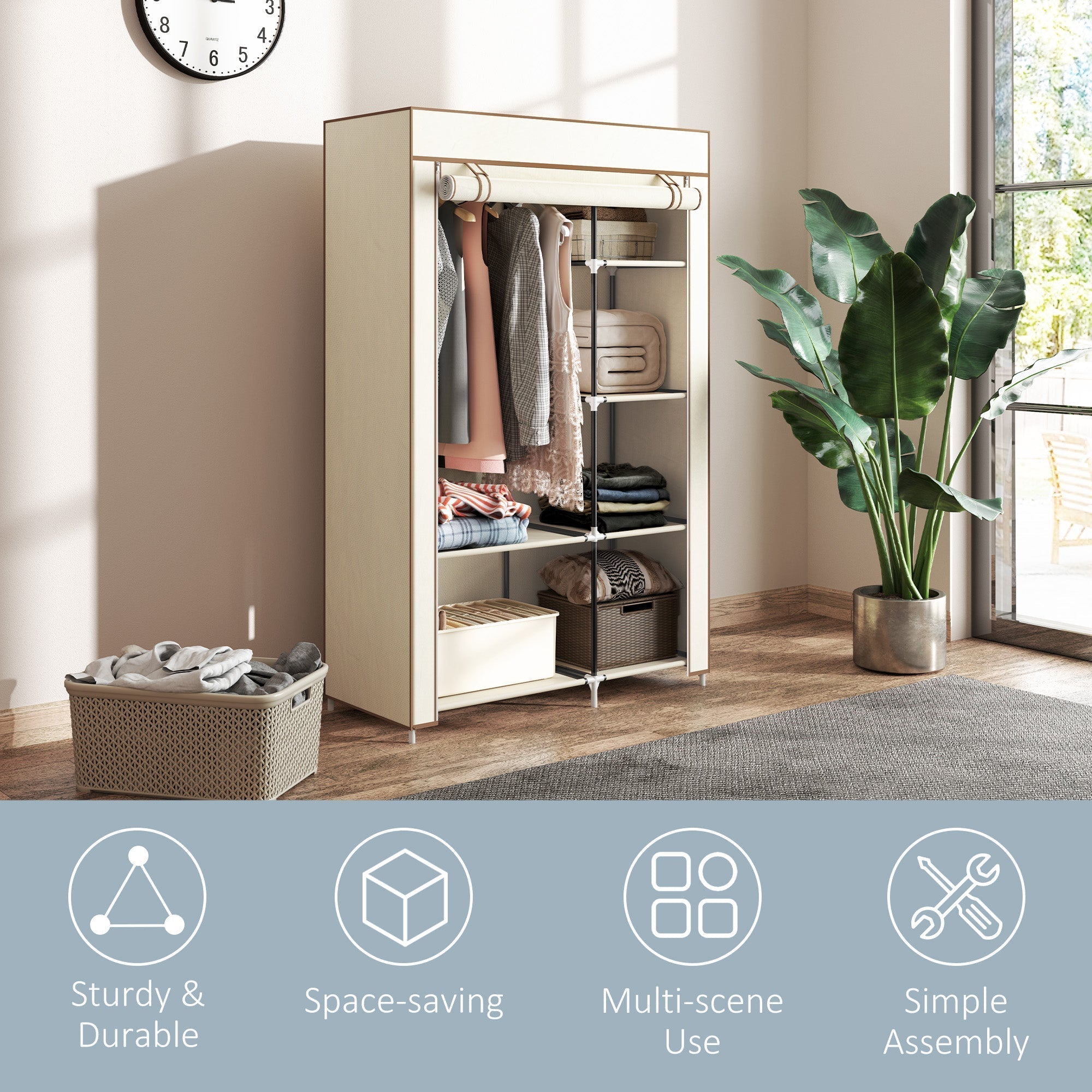 Beige homcom fabric wardrobe with 6 shelves, hanging rail, and powder coated steel frame in cream white