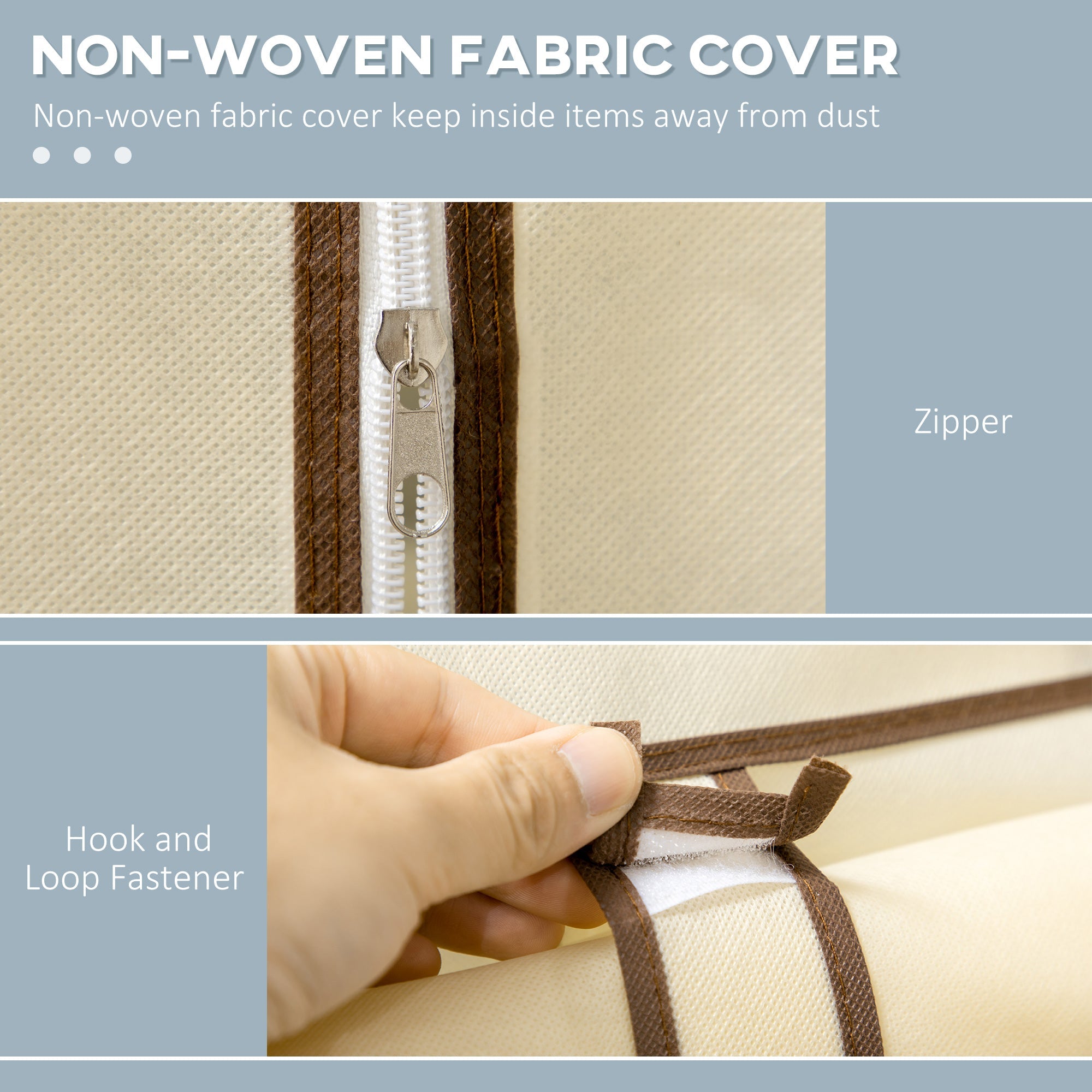 Beige homcom fabric wardrobe cover with brown trim and silver zipper featuring hanging rail and coated steel frame