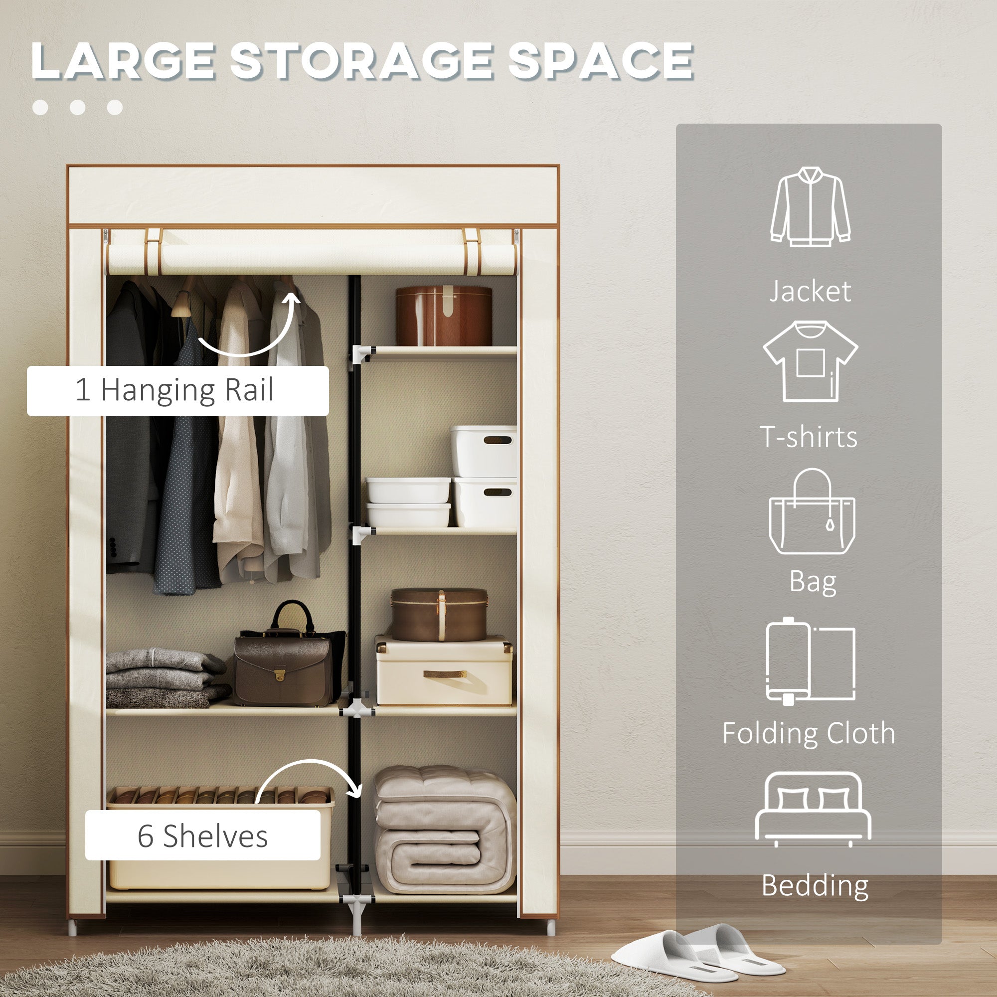 Beige homcom fabric wardrobe with hanging rail and 6 shelves featuring powder coated steel frame and coated steel frame