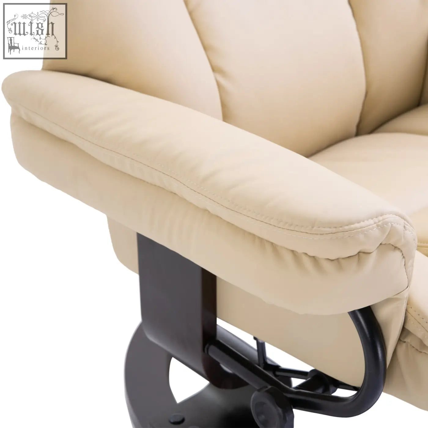 Cream faux leather recliner chair with padded armrest and solid wood base perfect for living room comfort