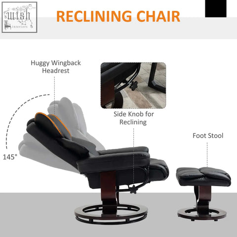 Black faux leather reclining chair and footstool with huggy wingback headrest and solid wood base for living room