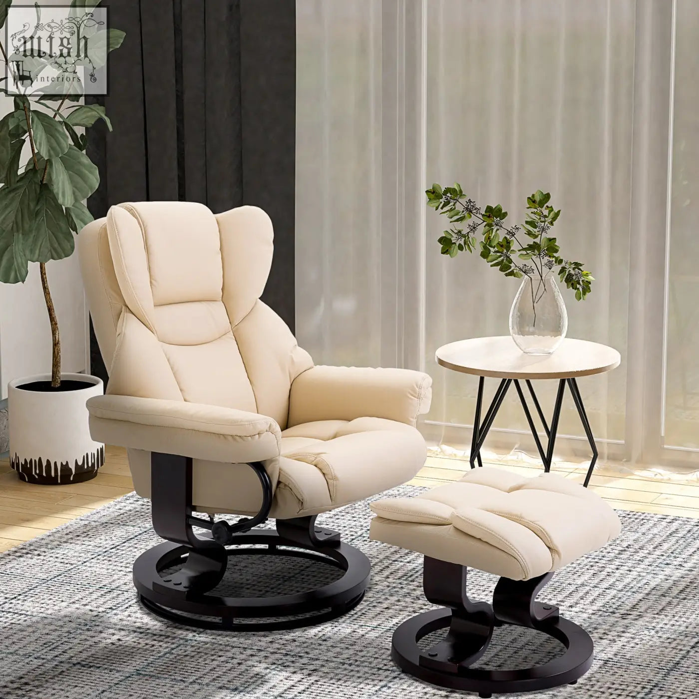 Cream-colored faux leather recliner chair and matching ottoman with solid wood base for living room comfort