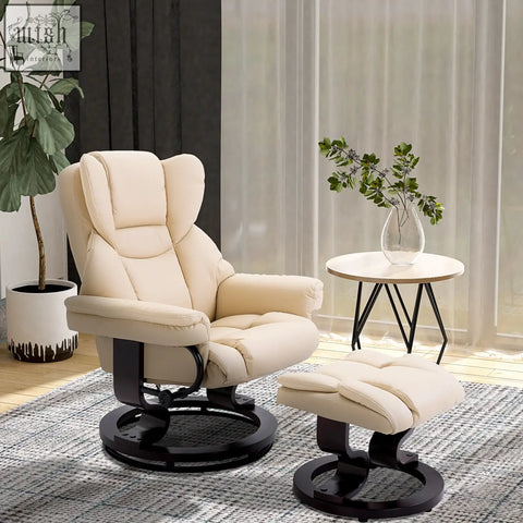 Cream-colored faux leather recliner chair and matching ottoman with solid wood base for living room comfort