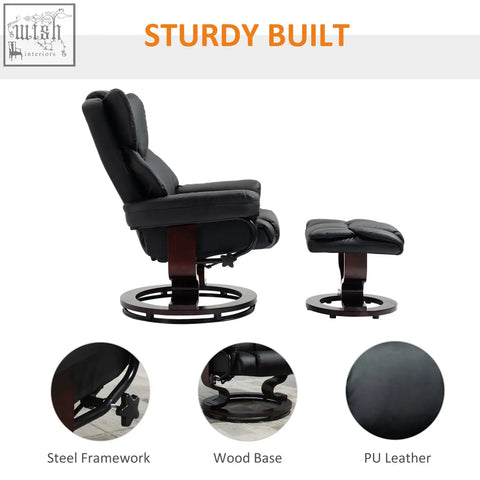 Black homcom faux leather recliner chair with solid wood base swivel steel frame and adjustable backrest for living room