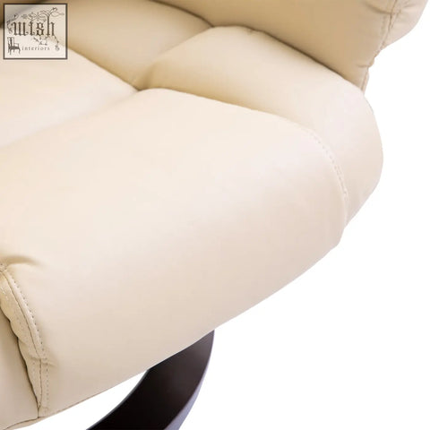 Cream-colored plush cushioned recliner chair with tufted faux leather upholstery and solid wood base for living room