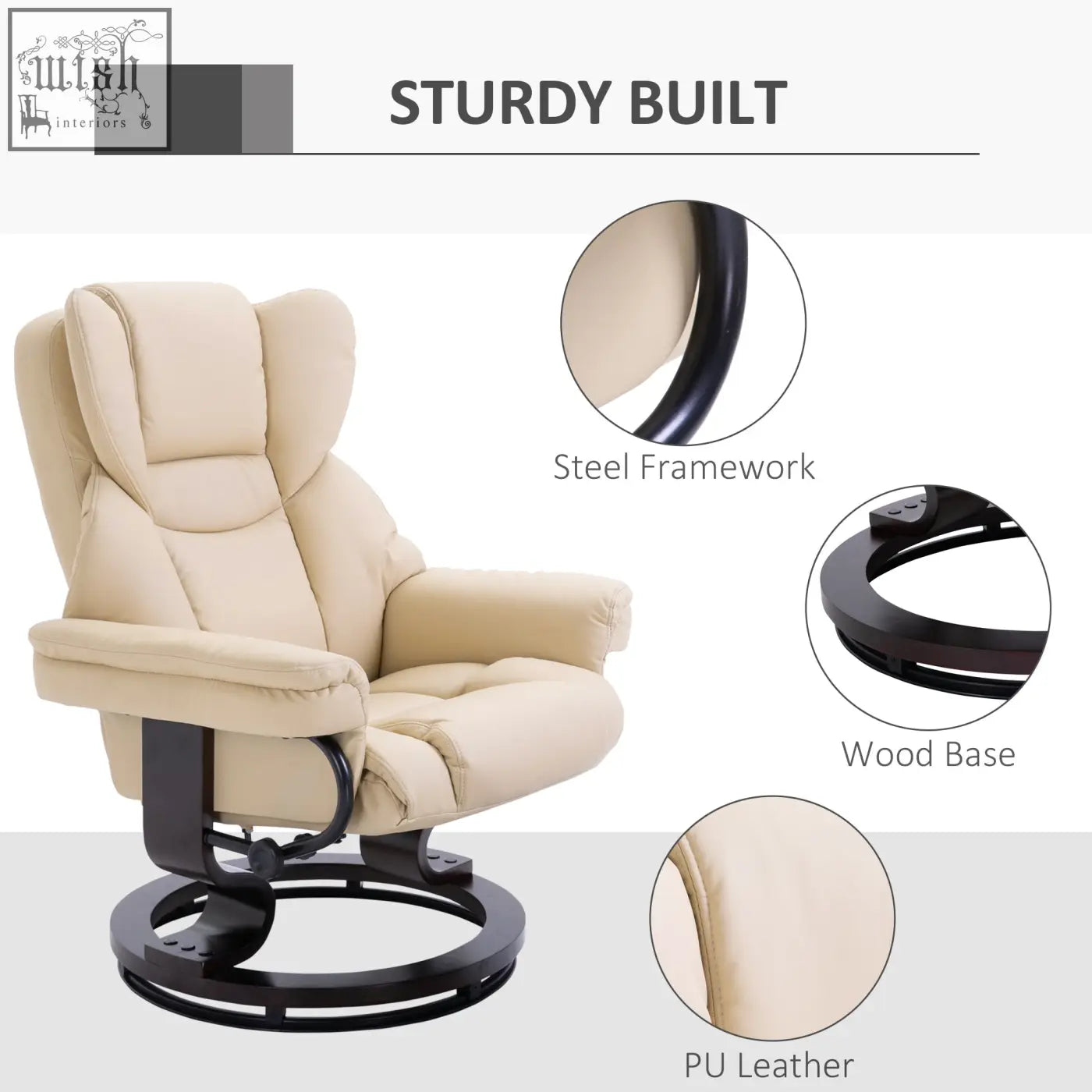 Cream-colored faux leather recliner chair with solid wood base and black steel accents for living room comfort
