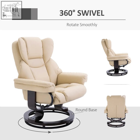Cream-colored homcom faux leather recliner chair with solid wood base swivel design and adjustable backrest for living room