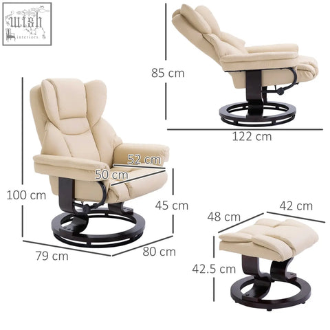 Cream-colored homcom faux leather recliner chair with matching ottoman swivel armchair and solid wood base