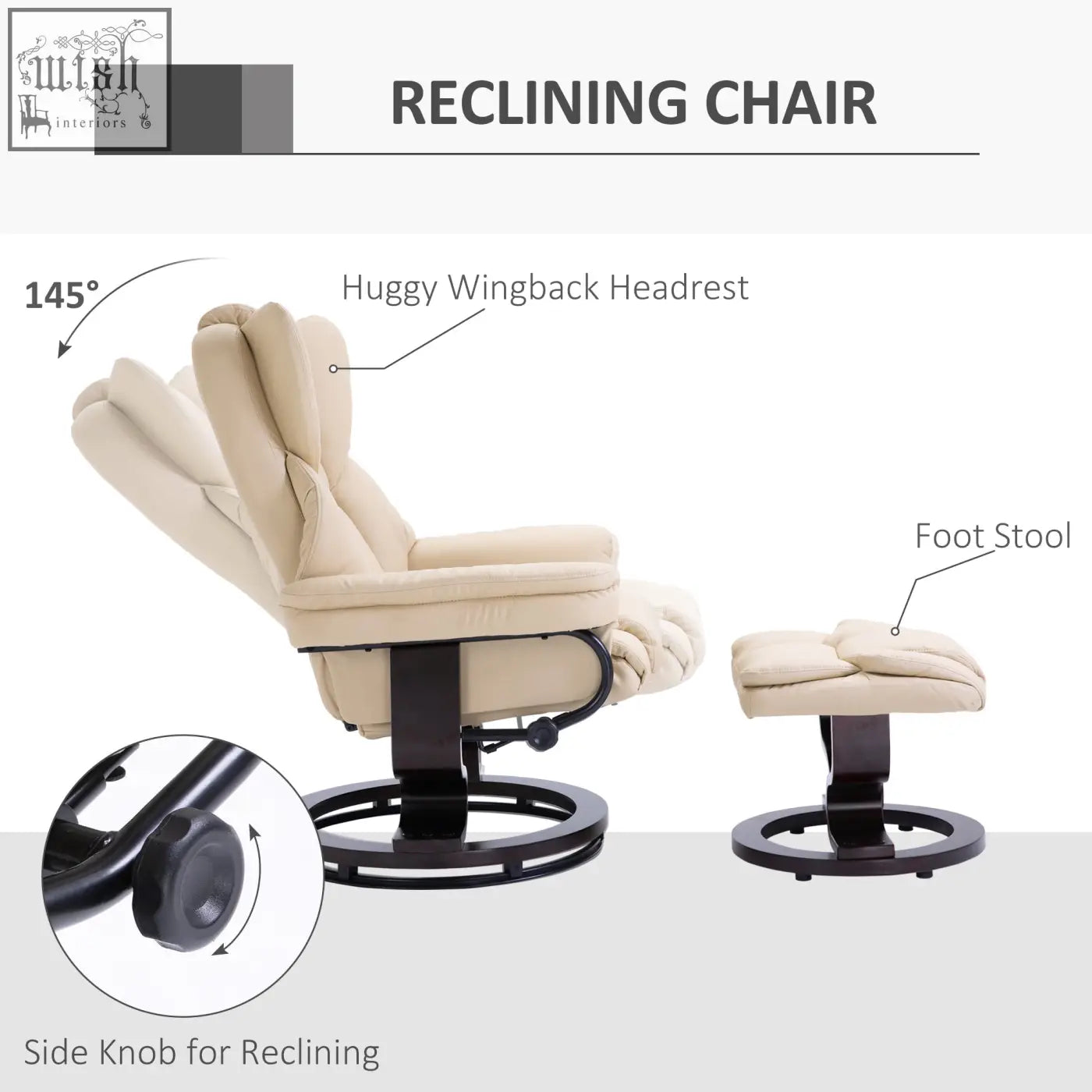 Beige faux leather reclining chair with a huggy wingback headrest and solid wood base for living room use