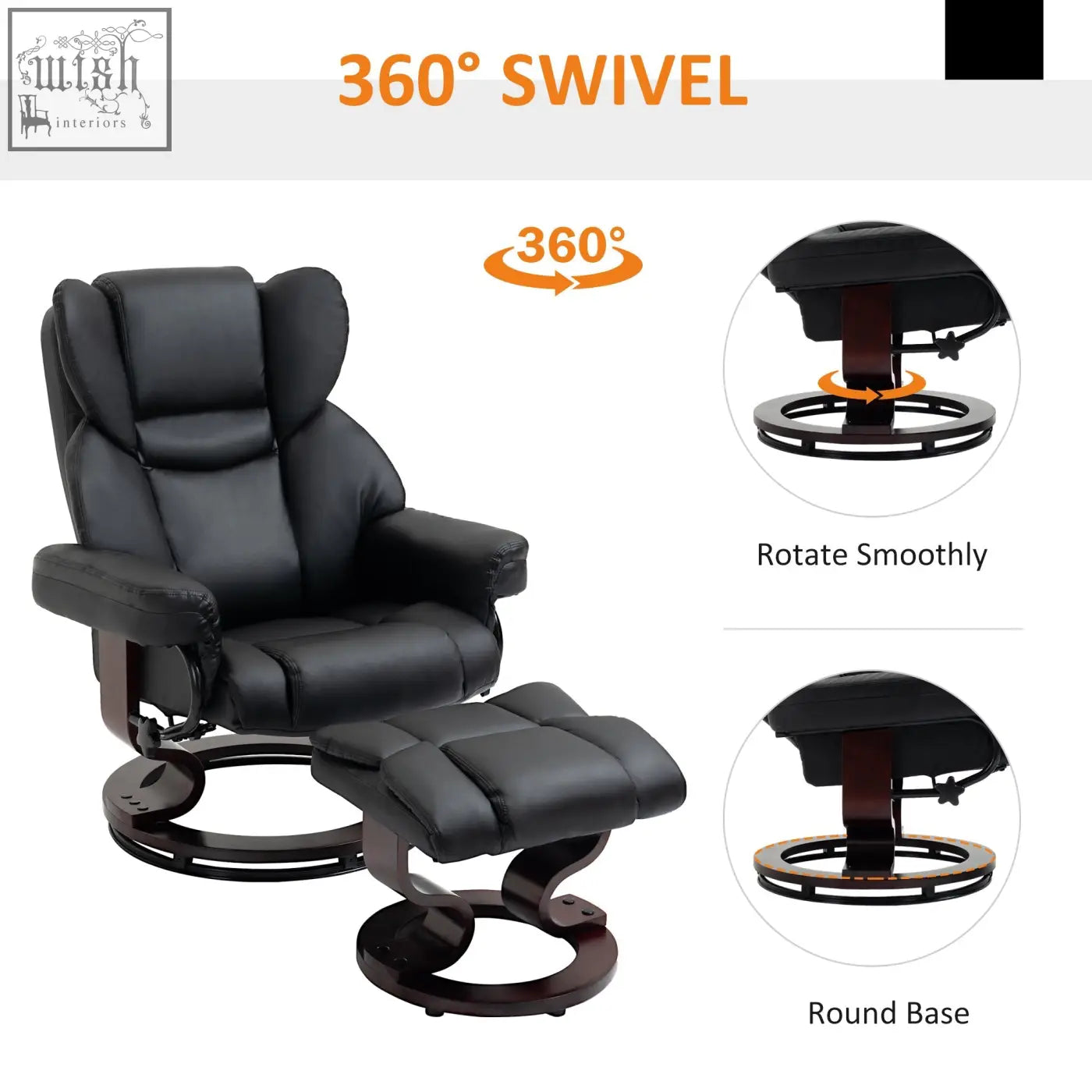 Black faux leather recliner chair and ottoman with 360 swivel solid wood base for living room comfort
