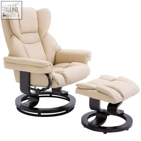 Cream faux leather recliner chair and ottoman with solid wood base and swivel armrests for living room comfort