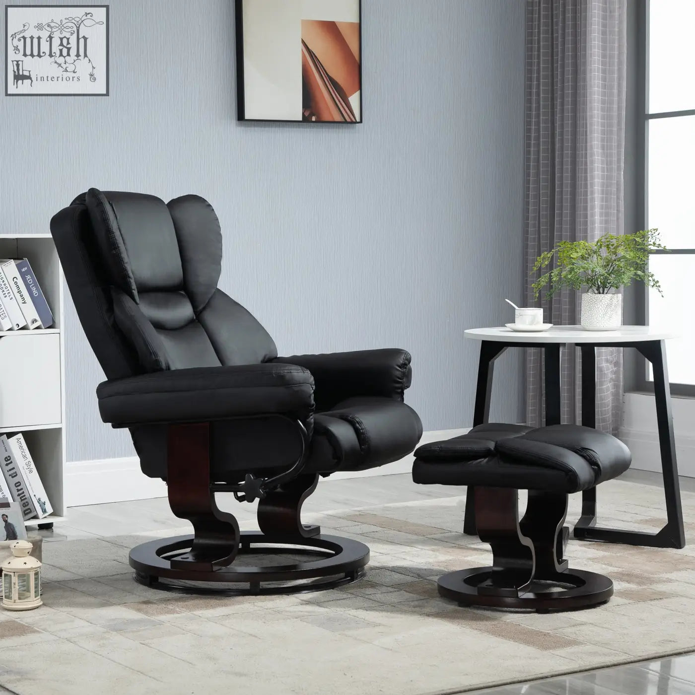 Black faux leather recliner chair and matching ottoman with solid wood base perfect for living room comfort