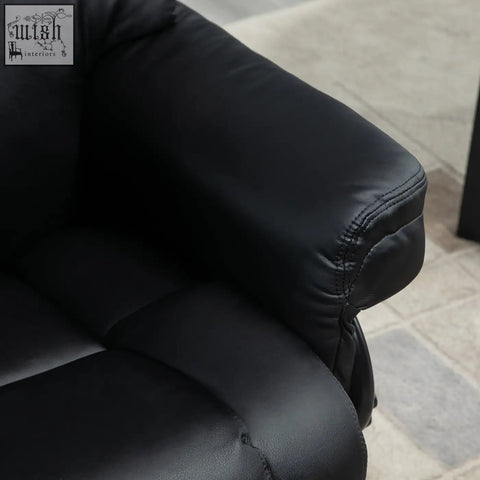 Black faux leather armrest with visible stitching on homcom recliner chair with solid wood base for living room