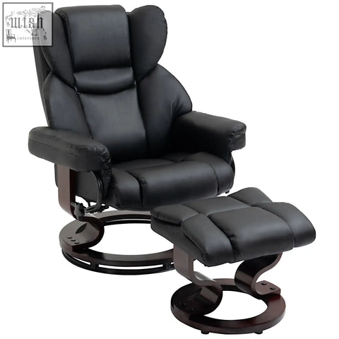 Black faux leather recliner chair with matching ottoman featuring a solid wood base and adjustable backrest for living room