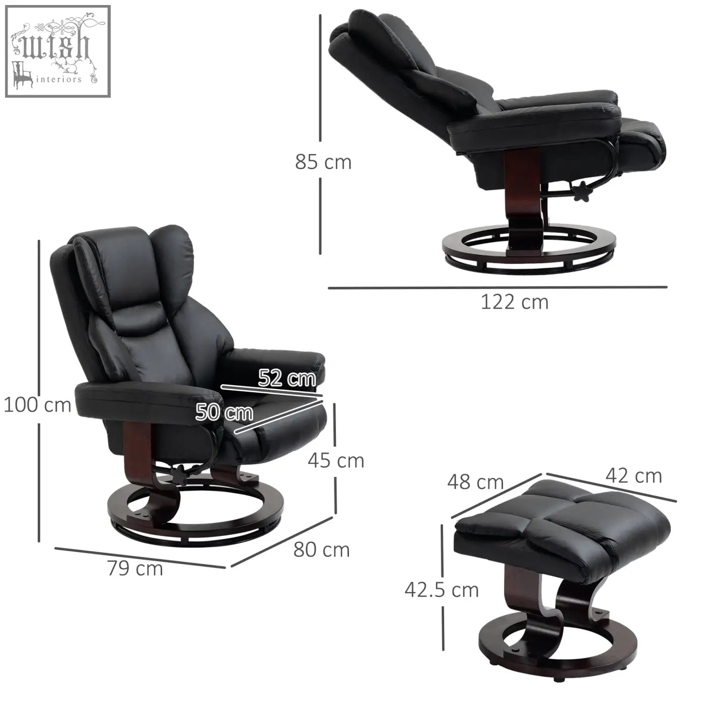 Black faux leather recliner chair and ottoman with solid wood base and swivel platform for living room comfort