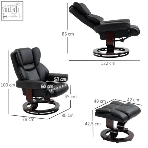 Black faux leather recliner chair and ottoman with solid wood base and swivel platform for living room comfort