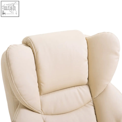 Cream faux leather recliner chair with plush cushions and solid wood base perfect for living room comfort