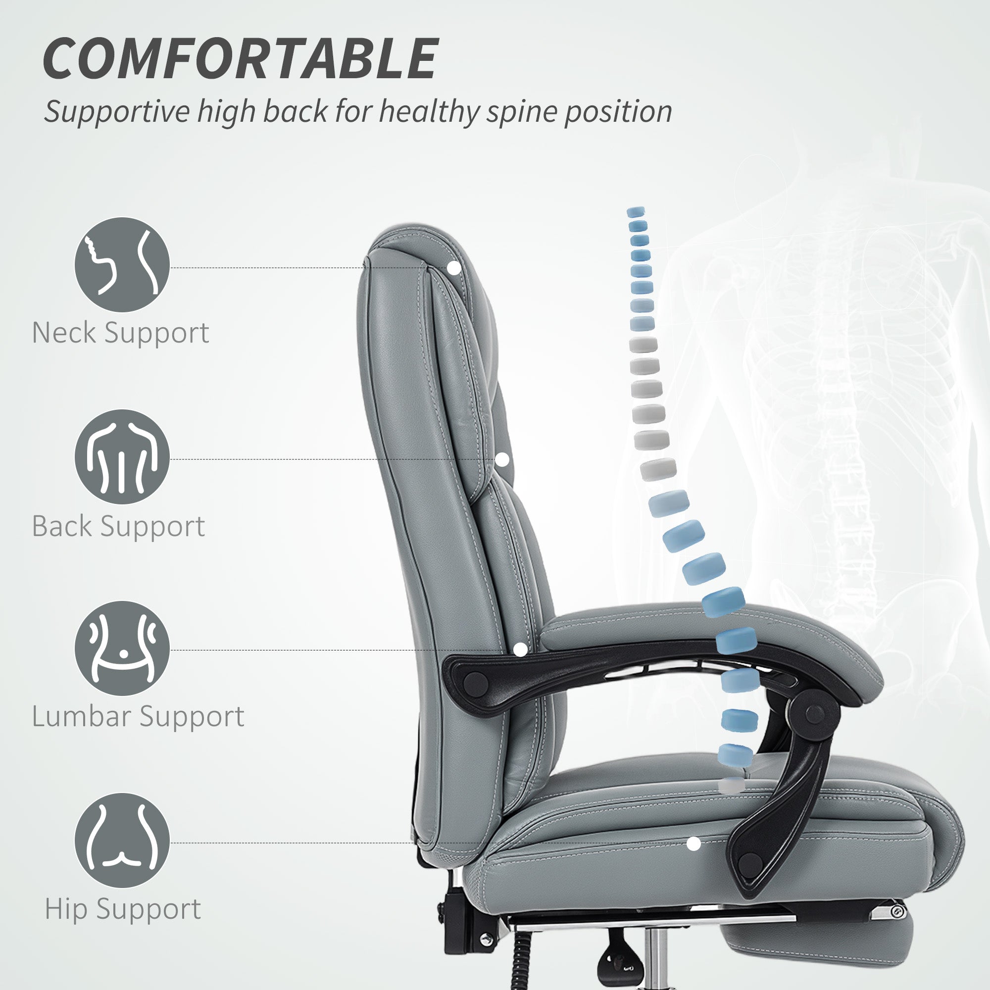 Gray homcom office chair with faux leather upholstery high back black armrests and footrest for reclining comfort