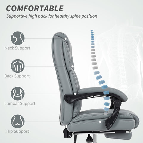 Gray homcom office chair with faux leather upholstery high back black armrests and footrest for reclining comfort
