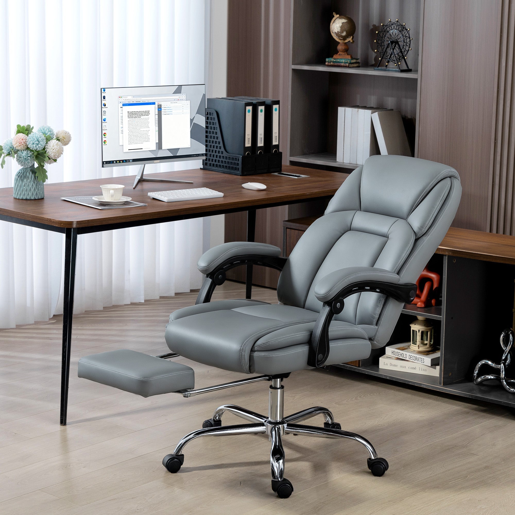 Gray HOMCOM faux leather office chair with reclining footrest black armrests and chrome base