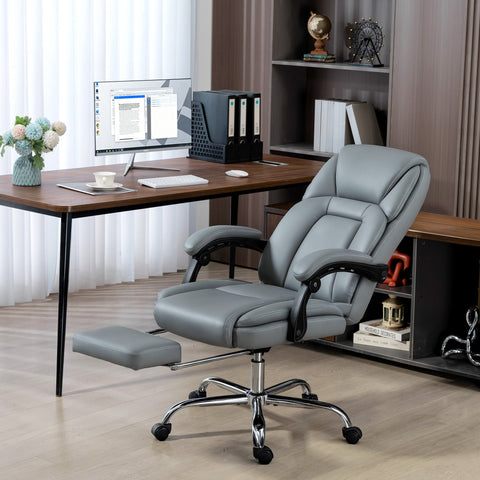 Gray HOMCOM faux leather office chair with reclining footrest black armrests and chrome base