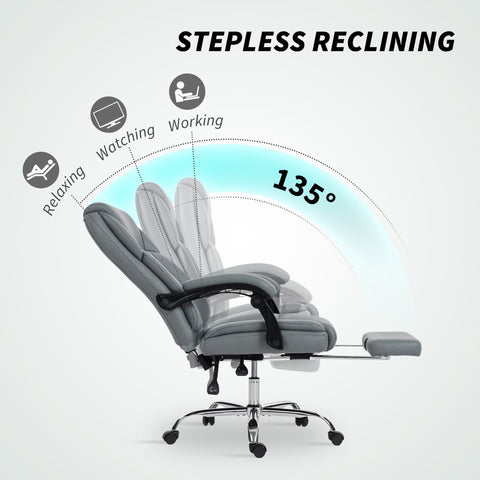 Gray faux leather office chair with footrest and stepless reclining mechanism for comfortable workspace