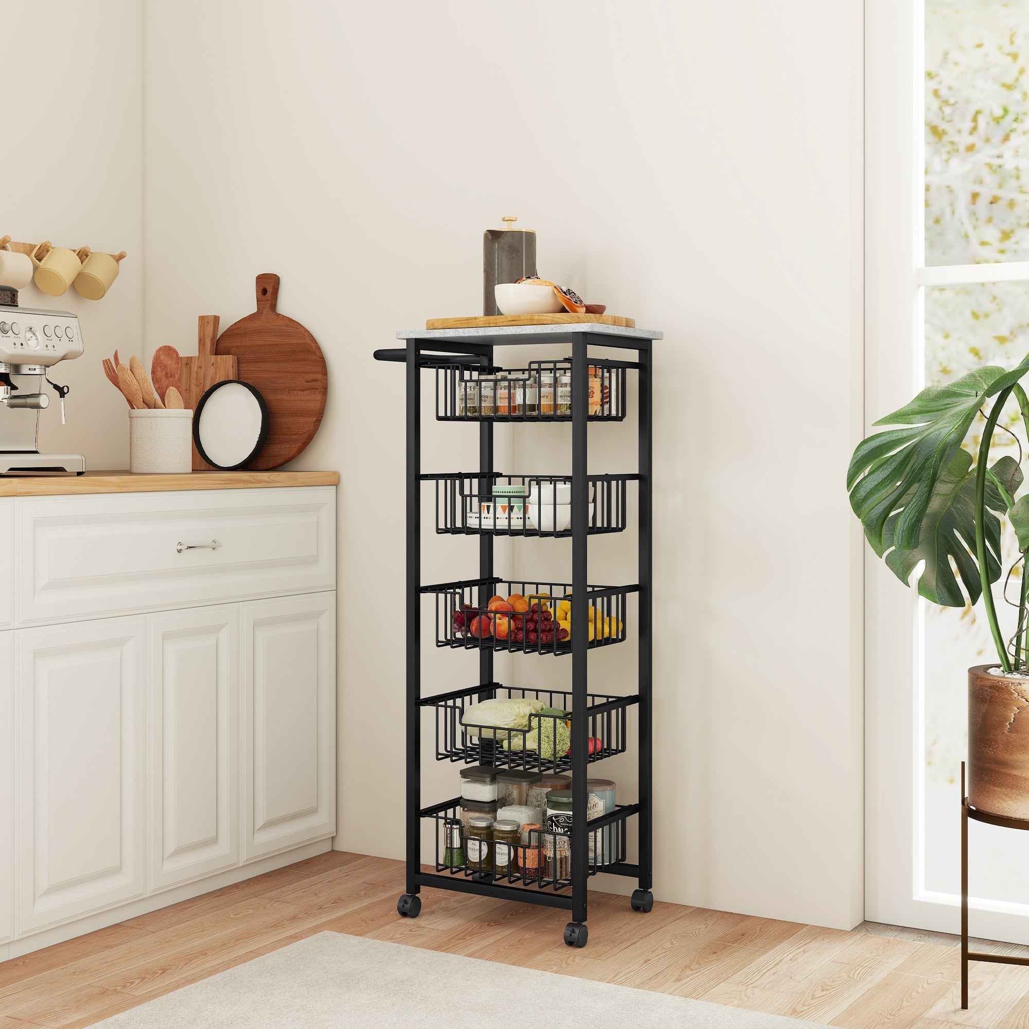 Black metal rolling kitchen island cart with four wire mesh shelves wooden top and brakes by HOMCOM in grey black