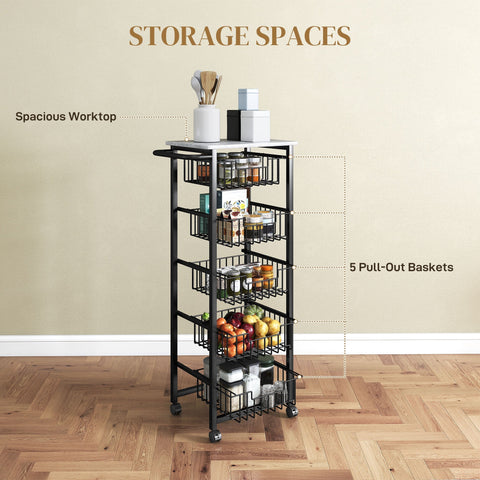 Black metal kitchen island rolling cart with five wire baskets and spacious countertop by HOMCOM in grey black