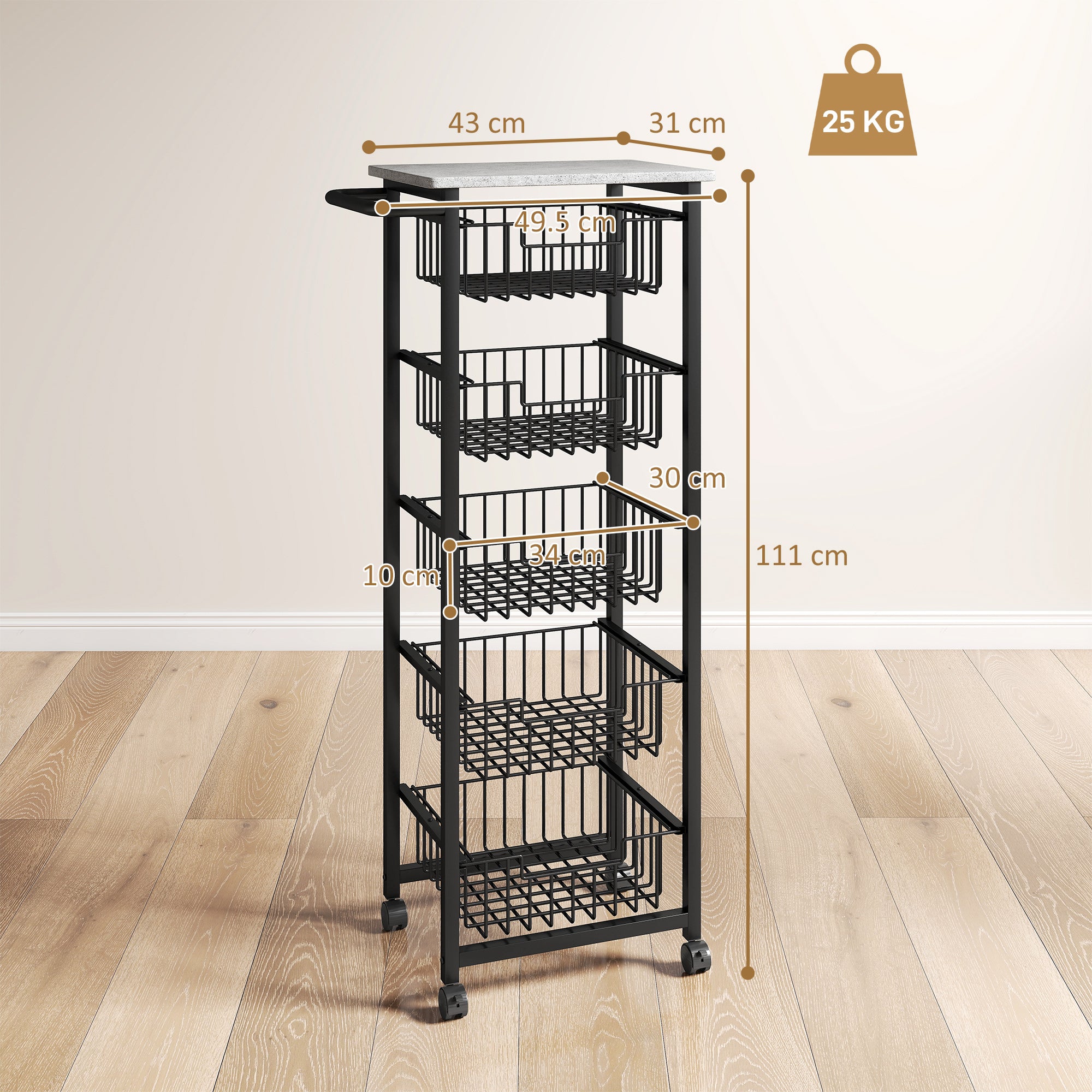 Black metal kitchen island rolling cart with four wire mesh shelves and gray stone top with brakes by HOMCOM