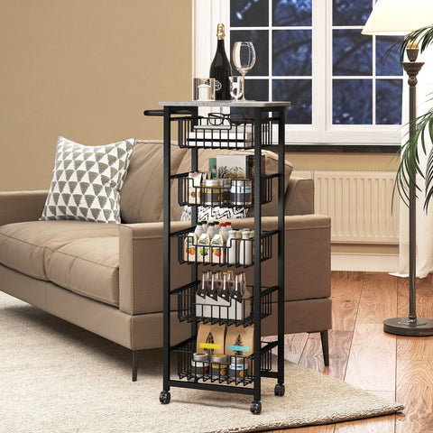 Black metal kitchen island with five wire baskets gray stone top and brakes for easy mobility