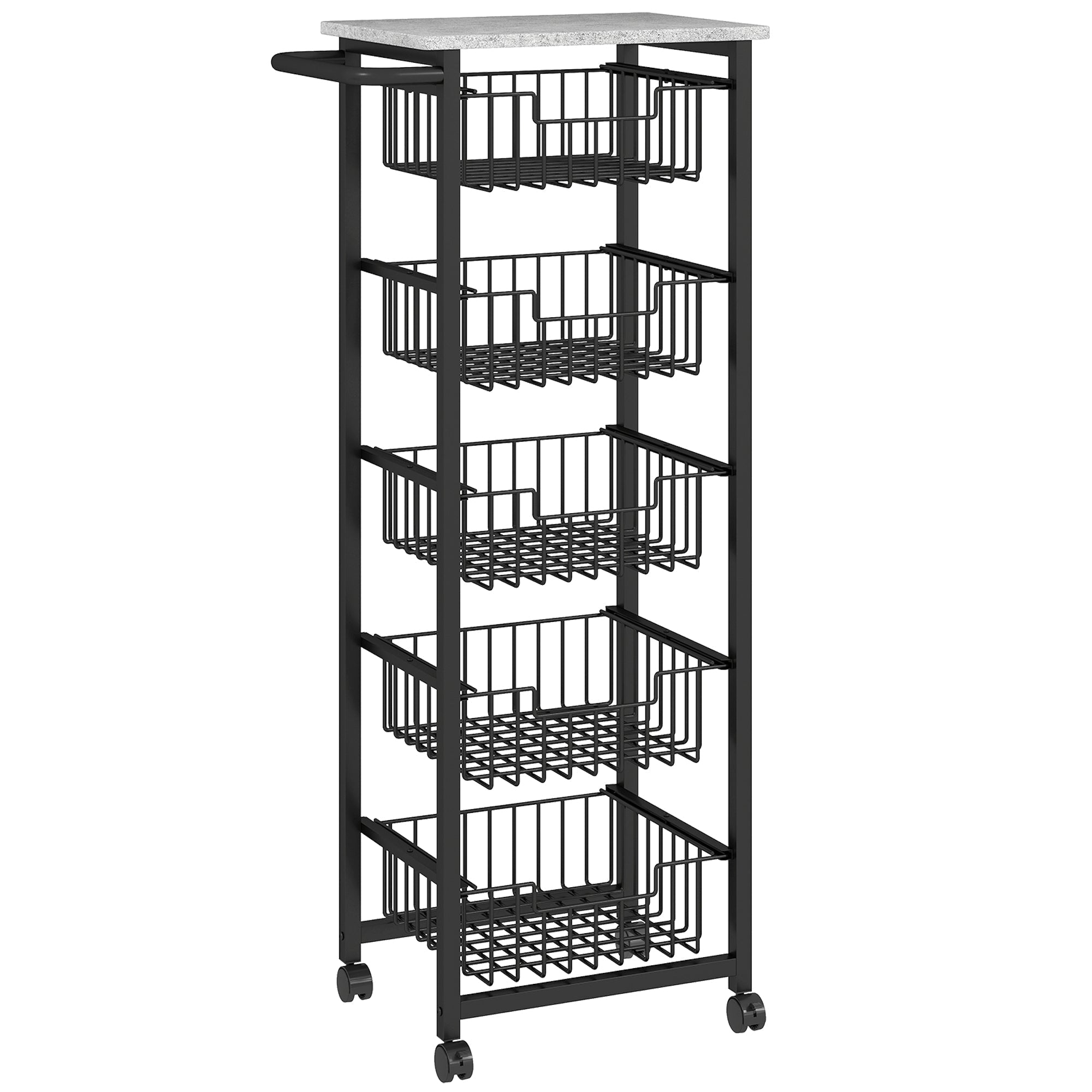 Black metal rolling kitchen island cart with five wire baskets and gray stone top with brakes for mobility