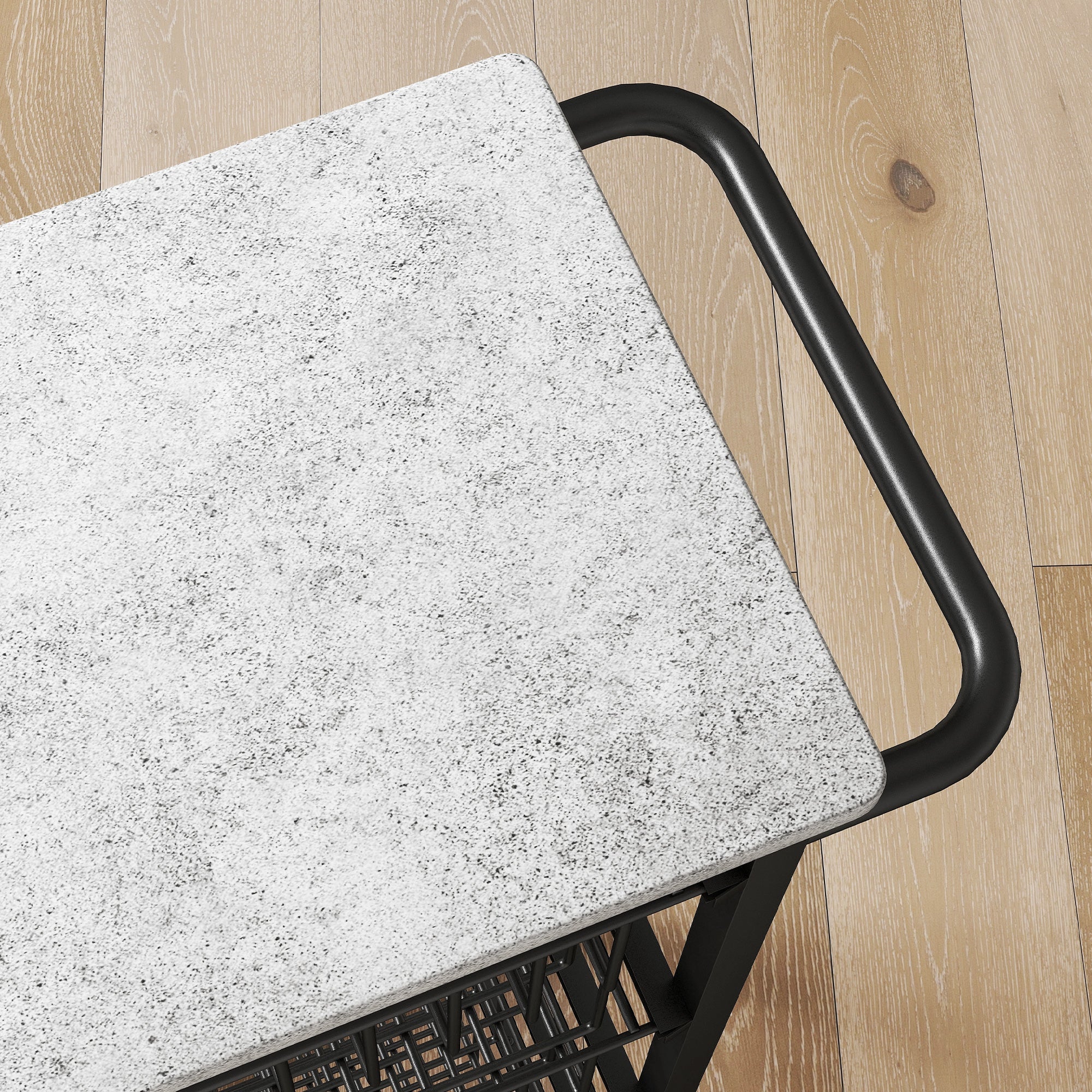 Gray speckled concrete top kitchen island with black metal frame and handle from homcom five basket mobile kitchen island