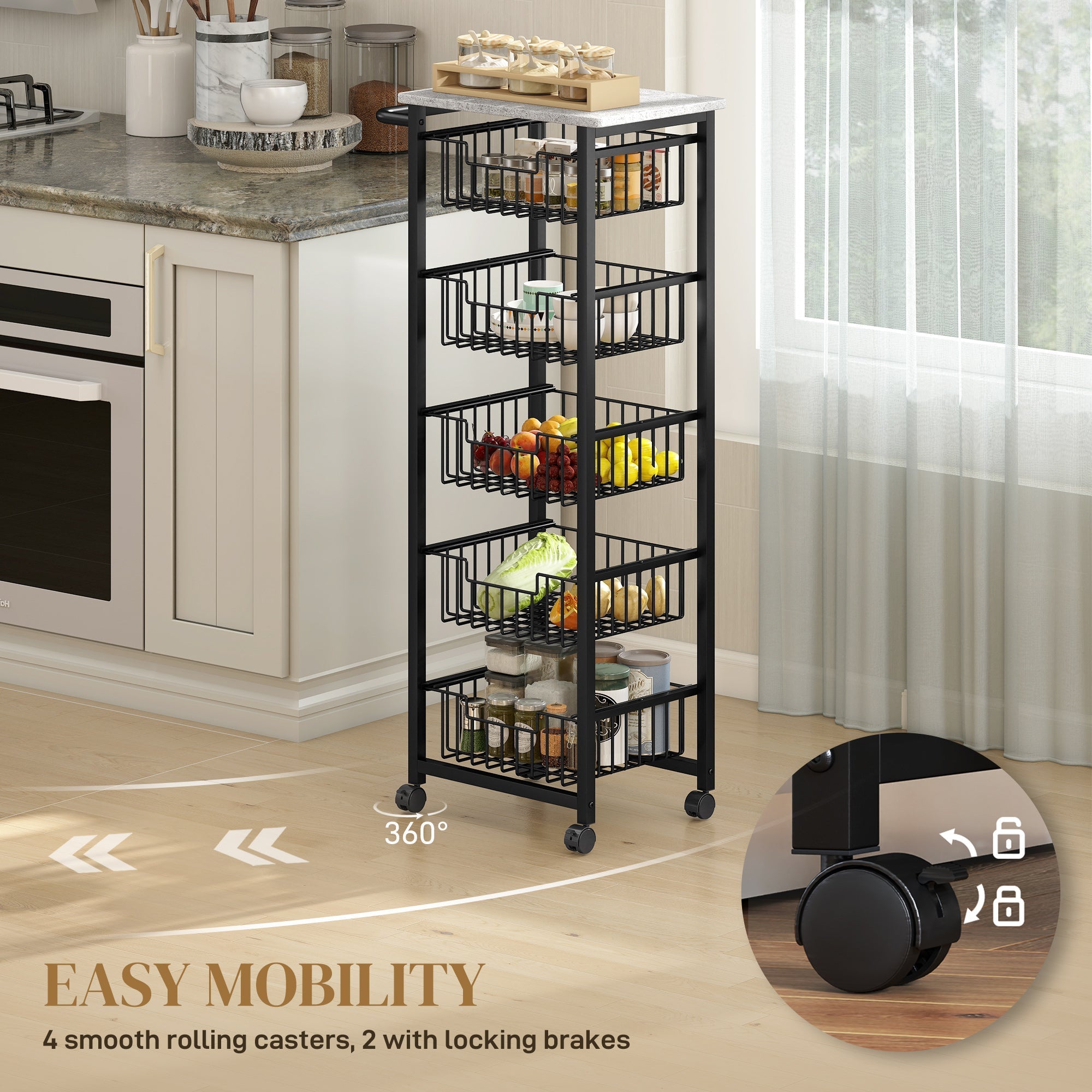 Black metal multi-tiered kitchen island cart with five wire baskets and smooth rolling casters with brakes gray black