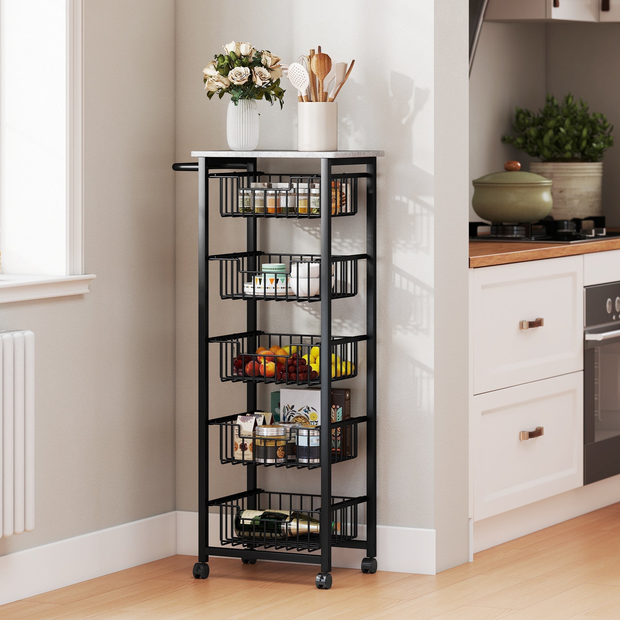 Black metal rolling kitchen island cart with five wire mesh shelves topped by white vase and utensil holder