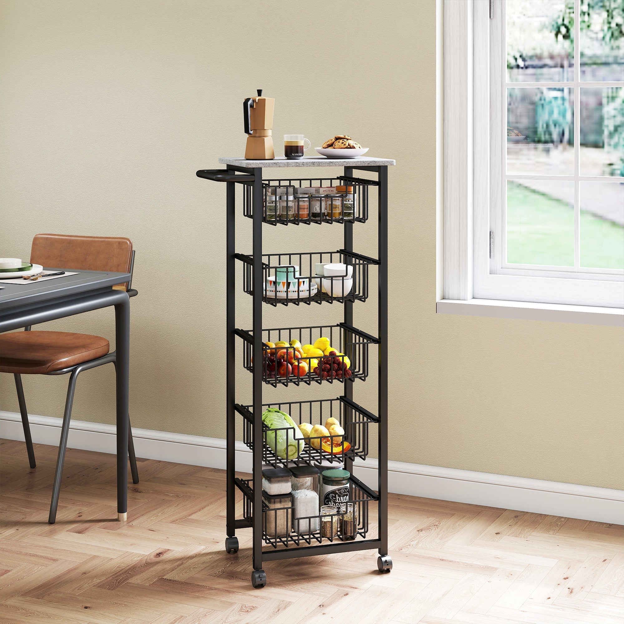 Black metal kitchen island cart with five wire baskets and gray stone countertop by homcom with brakes