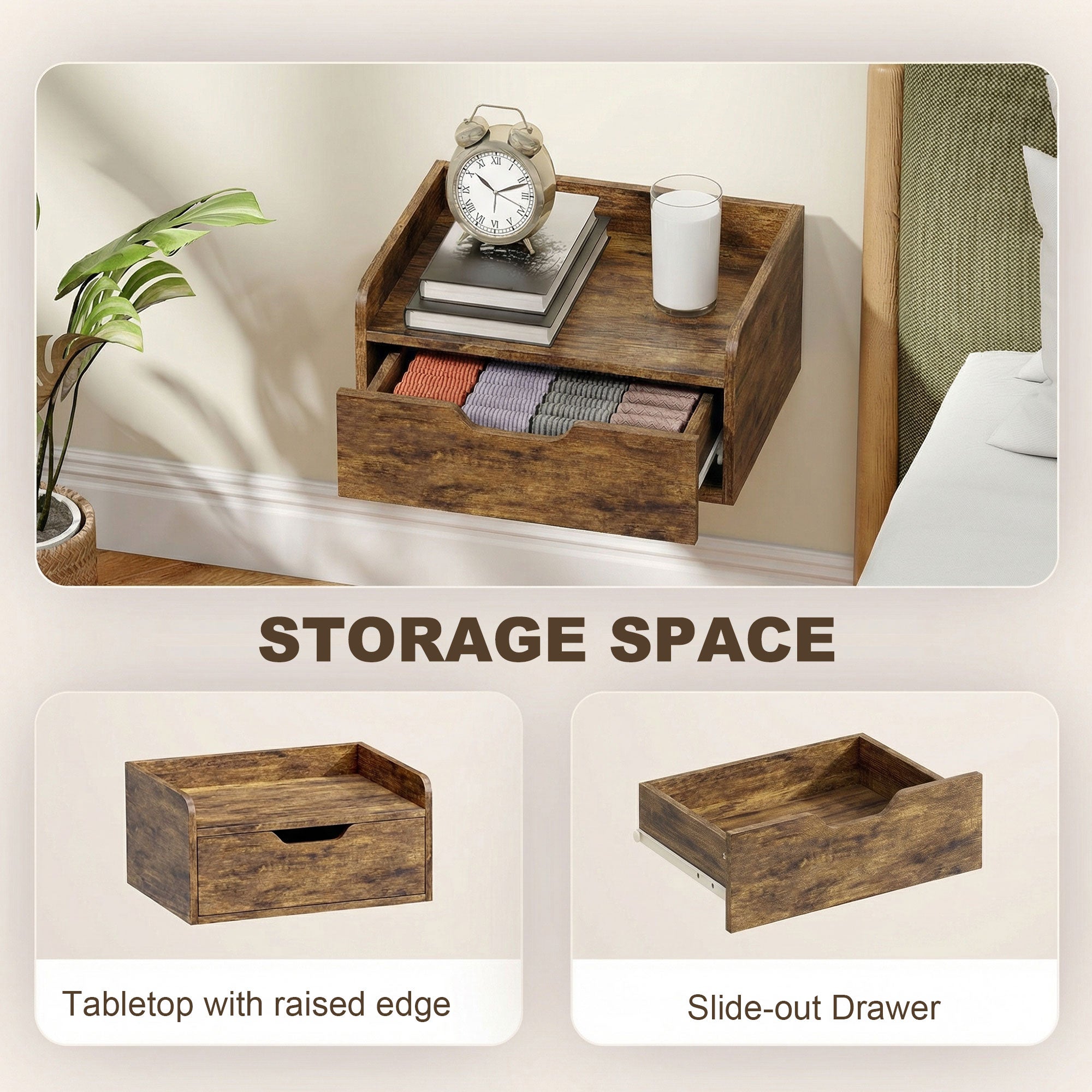 Rustic brown homcom floating nightstands set of 2 with slide-out drawer made of firm particle board for bedroom use