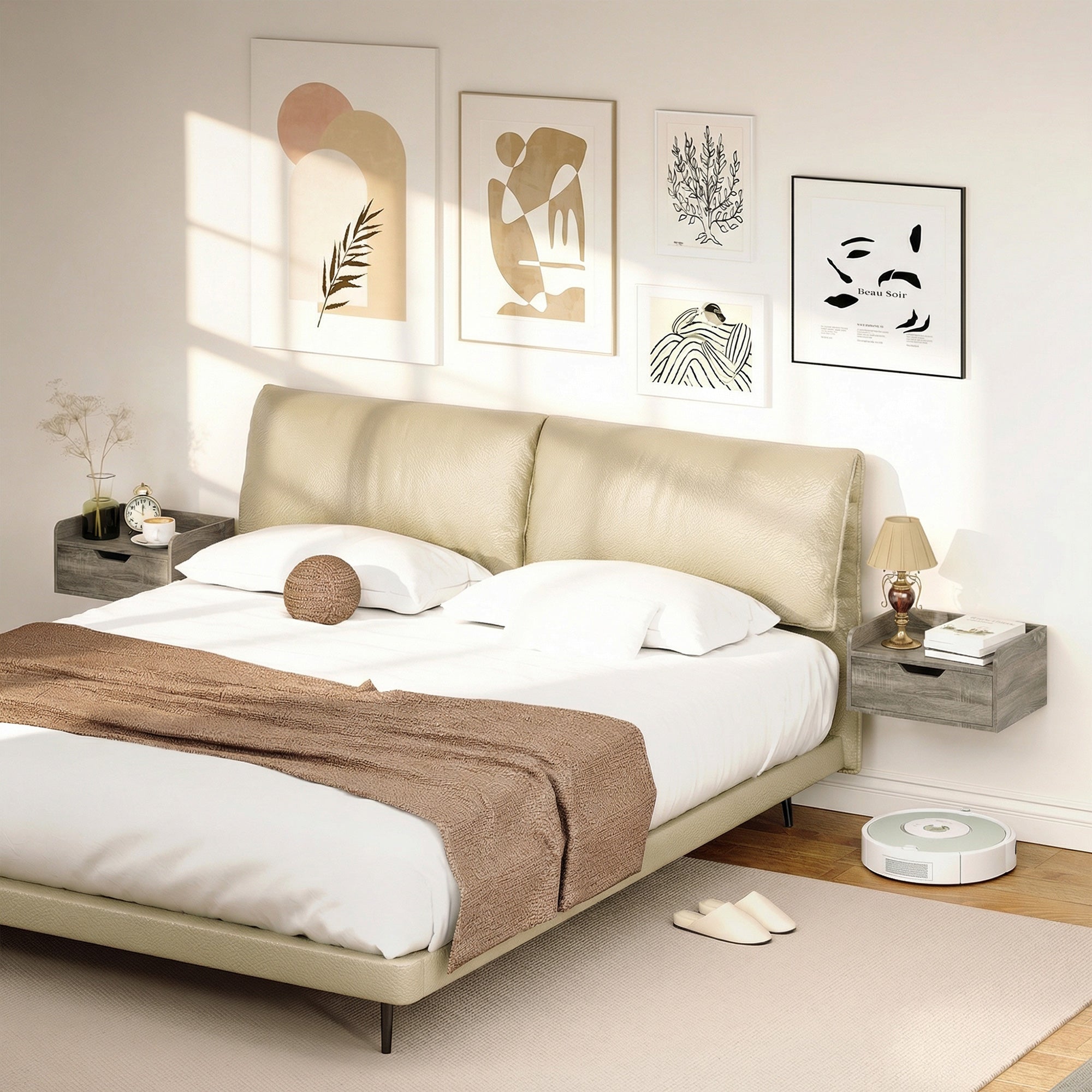 Beige leather platform bed with sleek metal legs paired with homcom grey wood effect floating nightstands in particle board