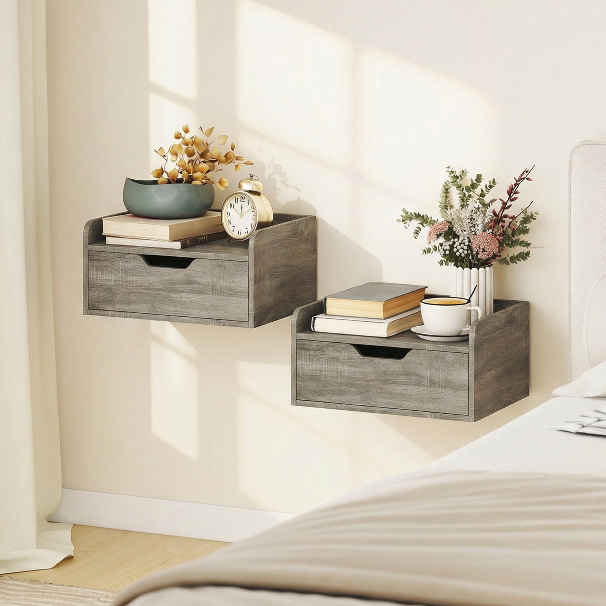 Gray wooden floating nightstands set of 2 with grey wood effect particle board and subtle wood grain texture