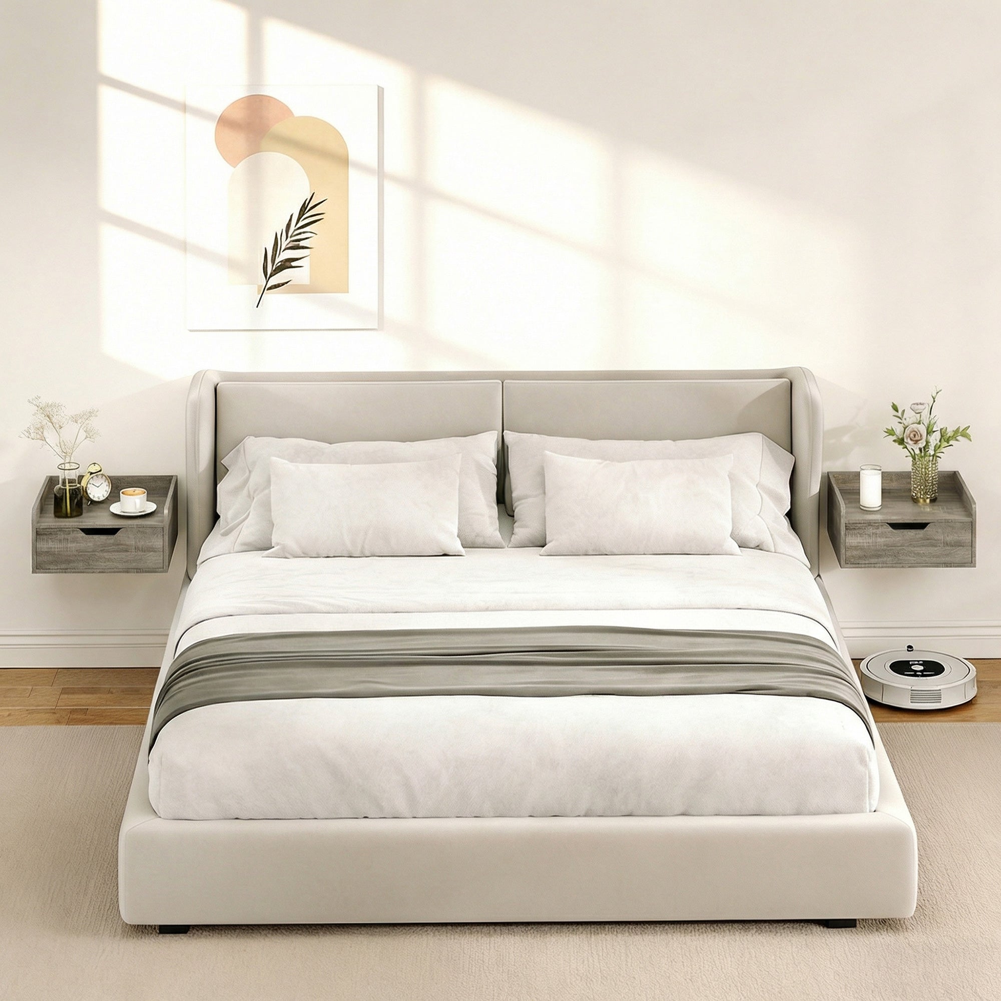 Modern beige upholstered bed with minimalist design and grey wood effect homcom floating nightstands set of 2