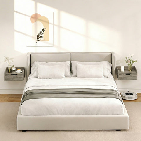 Modern beige upholstered bed with minimalist design and grey wood effect homcom floating nightstands set of 2