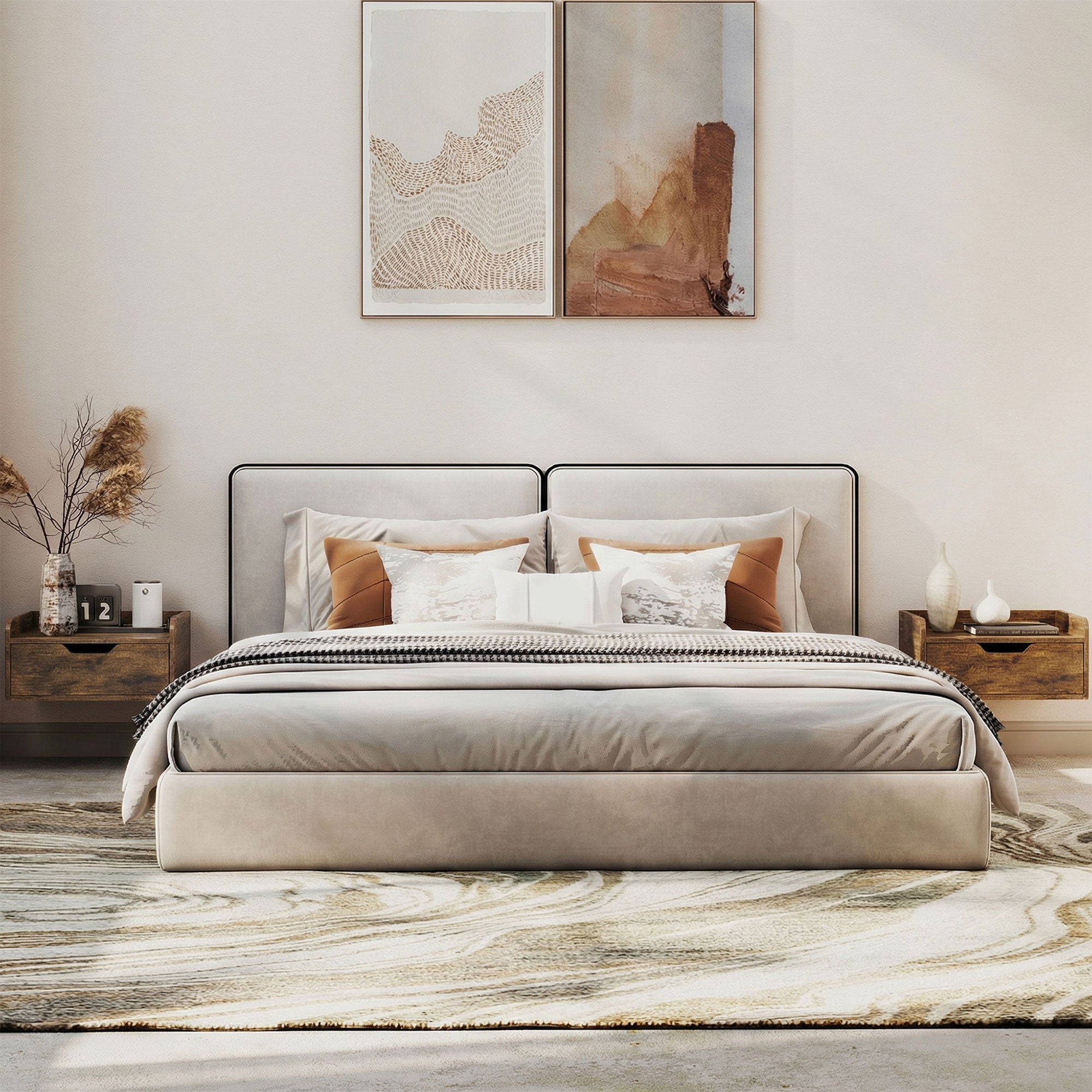 Beige upholstered bed with sleek black frame and pillows next to rustic brown homcom floating nightstands set made of firm particle board