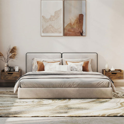 Beige upholstered bed with sleek black frame and pillows next to rustic brown homcom floating nightstands set made of firm particle board