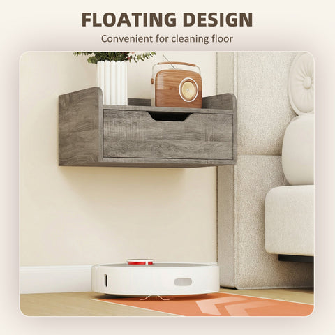 White robotic vacuum cleaner with red button next to grey wood effect homcom floating nightstands set of 2 particle board
