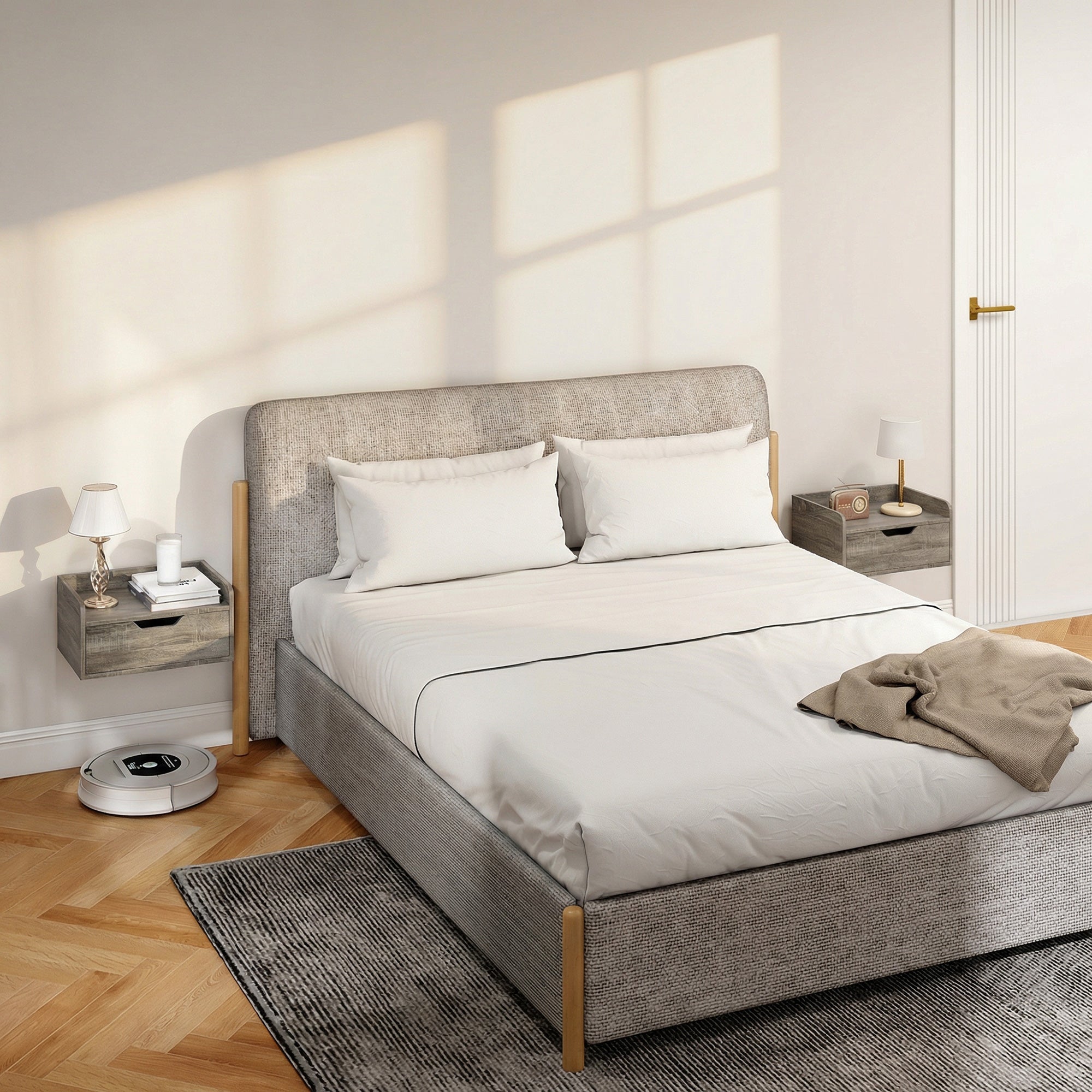 Gray upholstered bed with wooden legs and white bedding next to homcom floating nightstands in grey wood effect particle board