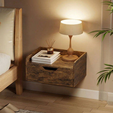 Rustic brown homcom floating nightstand set of 2 with drawer made of firm particle board for bedroom use