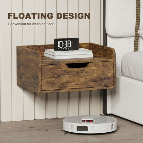 Rustic brown homcom floating nightstand set of 2 with a drawer made of firm particle board and black digital clock on stacked books