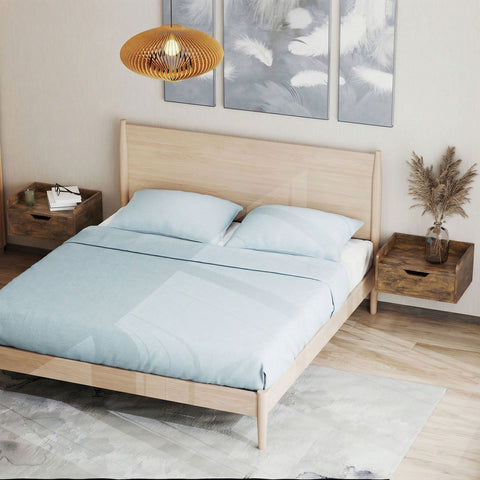 Light wood platform bed with minimalist design and rustic brown homcom floating nightstands made of firm particle board