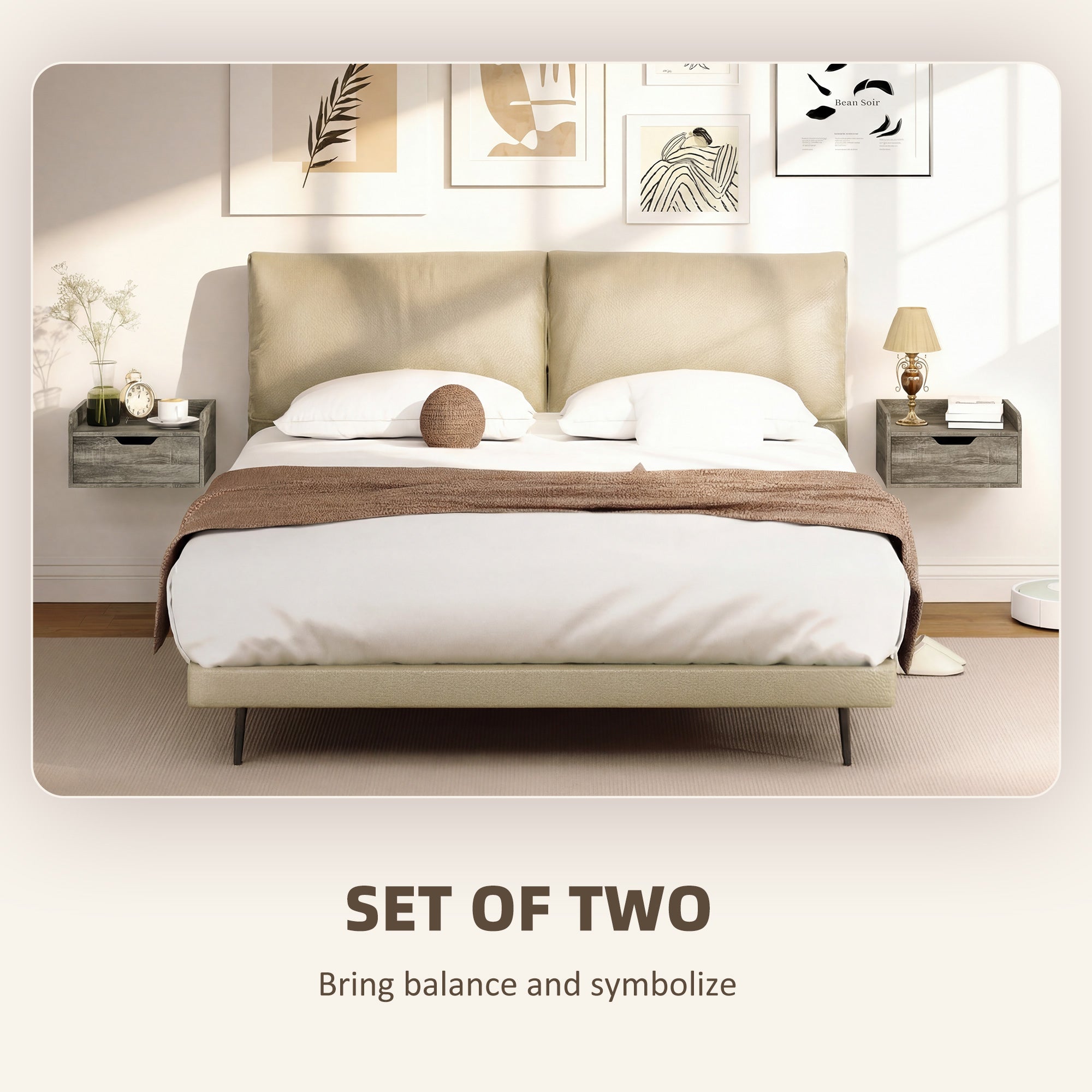 Beige upholstered bed with minimalist design and slender metal legs next to grey wood effect particle board floating nightstands