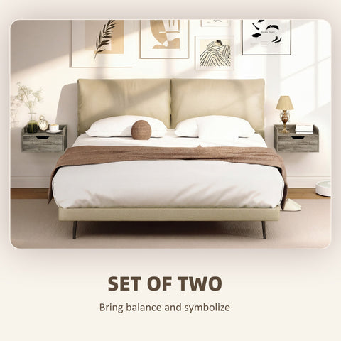 Beige upholstered bed with minimalist design and slender metal legs next to grey wood effect particle board floating nightstands
